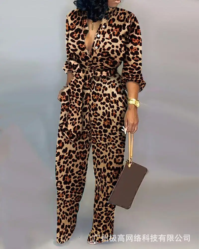 Women's 2023 New Leopard Print Long Sleeve Jumpsuit