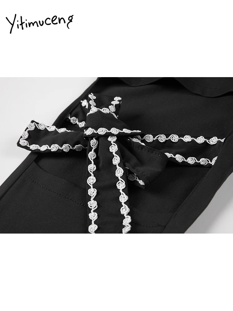 Черные повседневные Прямые брюки с бантом на шнуровке карманами пуговицах