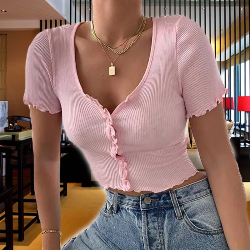 2021 Summer Womens Slimming Short-sleeved Trend Casual All-match New Fashion Slim Lace T-shirt Women's Solid Color Top Clothing