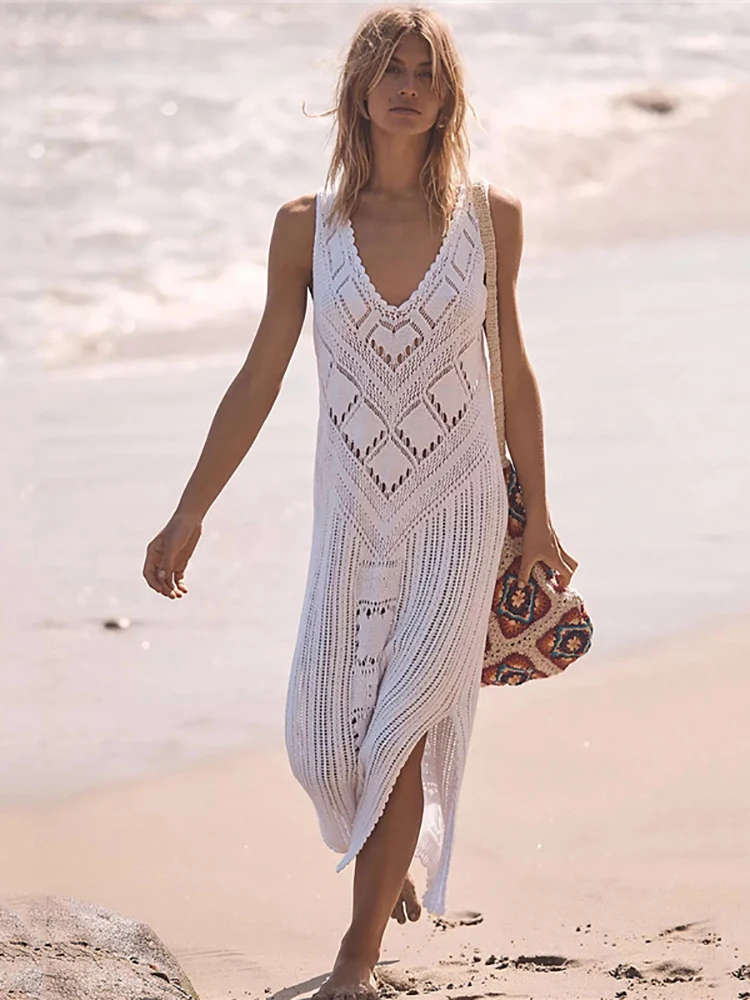 

Fitshinling Summer Sundress Beach Cover-Ups Swimwear Hollow Out Sexy Pareo Knit Split Hot Outfits For Women Bohemian Long Dress