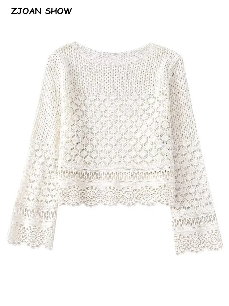 

Женский вязаный пуловер с вырезами, винтажный свитер во французском стиле, джемпер с круглым вырезом и расклешенными рукавами, трикотажный ...