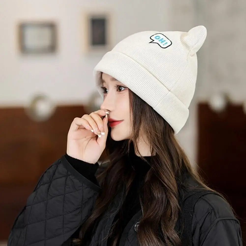 

Trendy Women Knitted Hat Dome Female Women Beanie Cap Pure Color Alphabet Beanie Hat