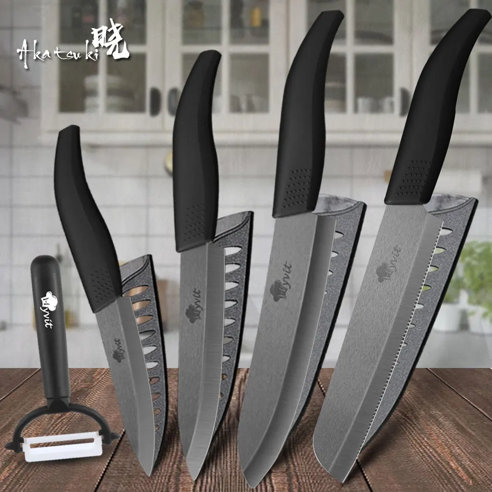 

Керамические ножи, кухонные ножи 3, 4, 5, 6 дюймов, универсальные ножи для очистки овощей, набор для нарезки хлеба шеф-повара + Овощечистка, циркониевое черное лезвие, инструмент для готовки