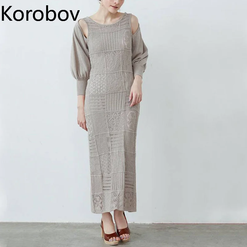 

Korobov Knitting Grace Hollow Pattern Japanese Lantern Sleeve Leaky Shoulder Dresses For Women 2022 Commute Temperament Dress