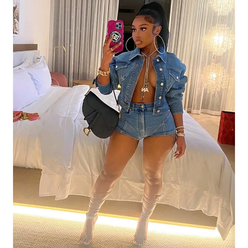 

2023 New Autumn Denim Two-Piece Suit Women's Long Sleeve Lapel Single Brewed Cardigan Denim Coat Button High Waist Shorts Suit
