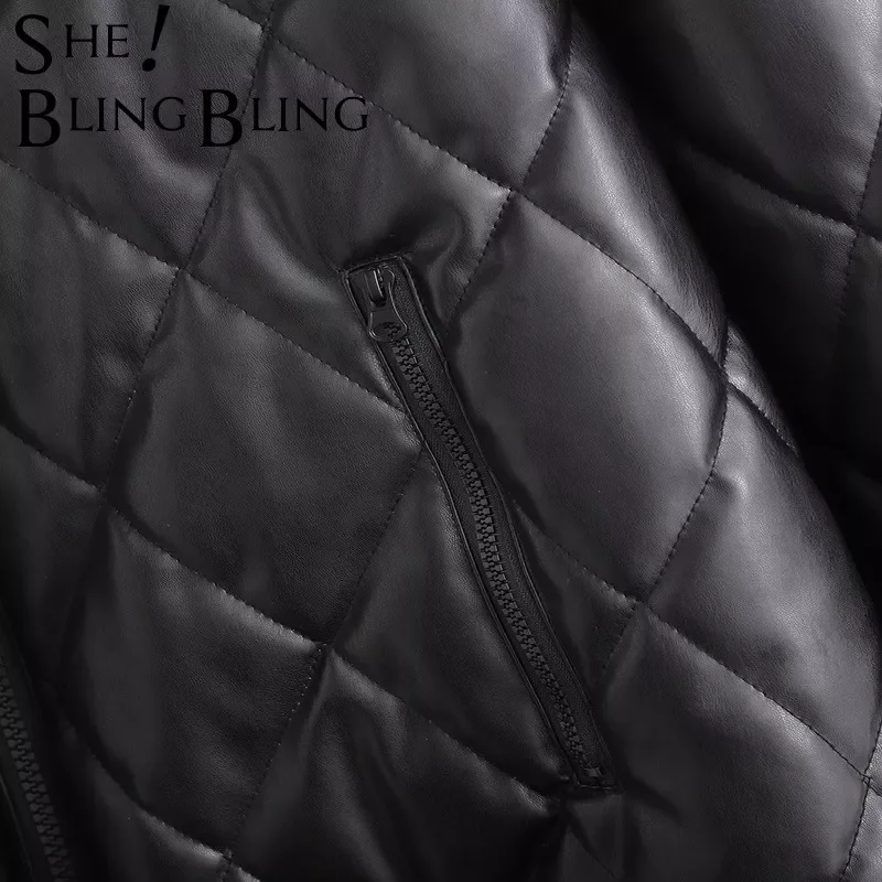 New2022 Woman 2021 Casual Traf Coats Winter Thick Argyle Quilted Padded Jacket Faux PU Leather Hooded Loose Long Parkas