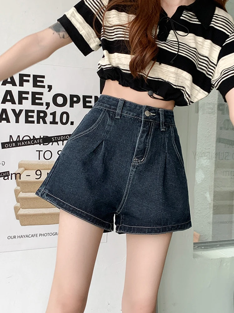 Women Vintage Wide Leg High Waist Denim Shorts Spring Summer Female Streetwear Loose Button Jeans Shorts Bottoms