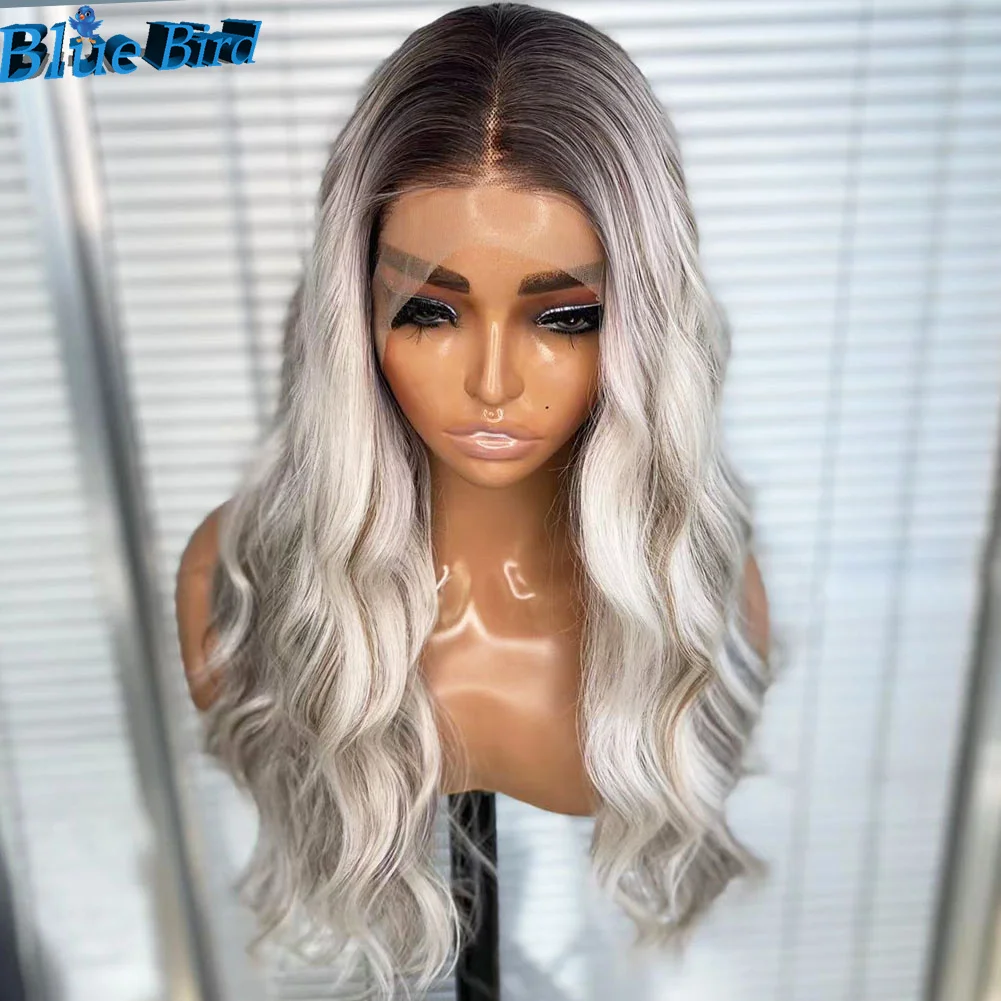 BlueBird Ombre Highlight 13X4 Long Water Wave Futura Synthetic Lace Front Wig Pre Plucked Glueless Half Hand Tied Wigs for Women