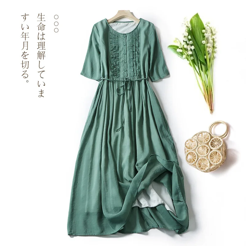 

Dress Women Summer 2022 Lacing Double Layers Cotton Linen Fashion Folds Lace O-Neck Short Sleeve Slim Vestidos High Quality