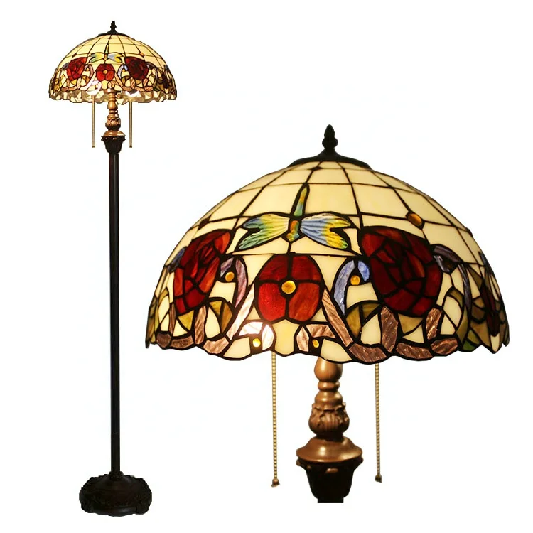 

LongHuiJing 16 Inch Tiffany Floor Lamp with Handmade Colorful Red Rose Dragonfly Pattern Lampshade Lamps