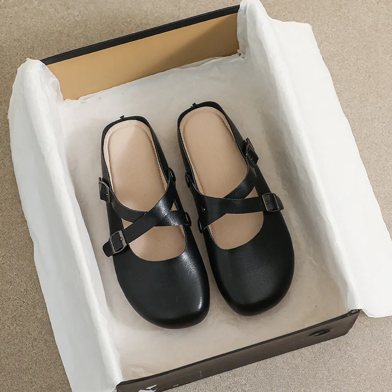 Retro Casual Soft Bottom Women's Muller Shoes Literary Round Head Flat Shoes Japanese Cute Girls Large Size Baotou Half Slippers