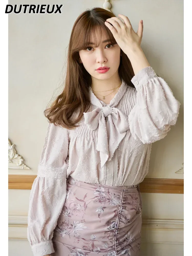 

Spring Autumn Bow Lace Stitching Shirt for Women Temperament Wild Solid Color Long Sleeve Underwear Blouse Ladies Tops