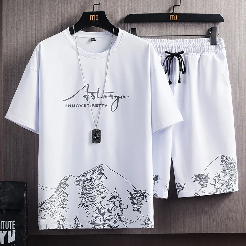 

Short-sleeved T-shirt suit men's summer new snow mountain printing fashion trend Korean Slim large size sports two-piece set