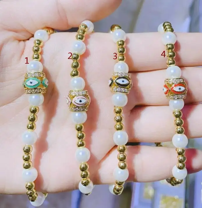 

Colorful smiley barrel beads Evil Eye Bracelets For Women Gold Plated Copper Pearl Beaded Bracalet Fashion Jewelry Gift rs3s