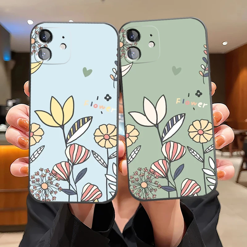 

Leaves Flower Phone Cases For iPhone 13 11 Pro 12 Mini MAX X XR XS 8 7 Plus 6 6s SE 2020 Back Black Coque Liquid Silicon