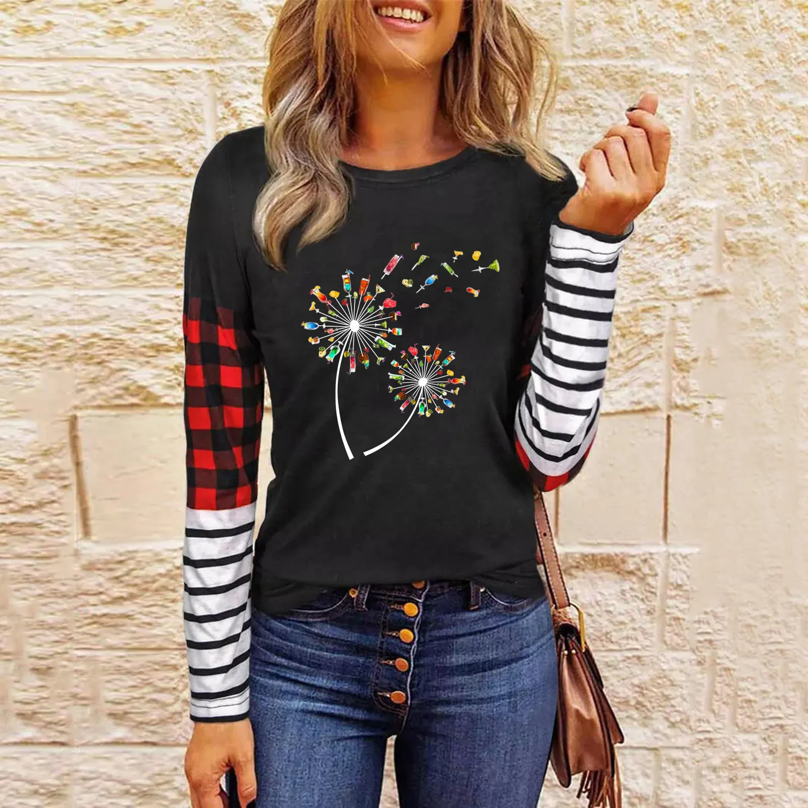 

Womens Tunics Shirts Tops Long Sleeve Casual Round Neck Soft Striped Plaid Summer Tops for Women White Blouses Women