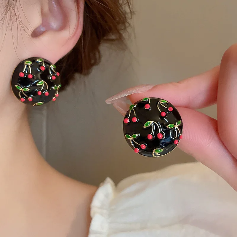 

Minar Cute Lovely Black Color Enamel Red Cherry Dangle Earrings for Women Resin Round Statement Earring Casual Party Jewelry