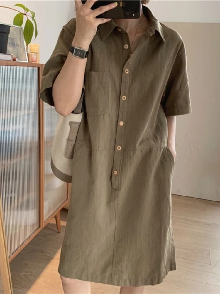 

Новинка 2022, женское летнее платье-рубашка из хлопка и льна, платье-рубашка с отложным воротником и коротким рукавом, Повседневная Свободная ...