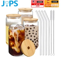 14pcs transparent glass cup with lid and straw bubble tea glass cup cola juice milk mocha coffee cups cold drinkware reusable