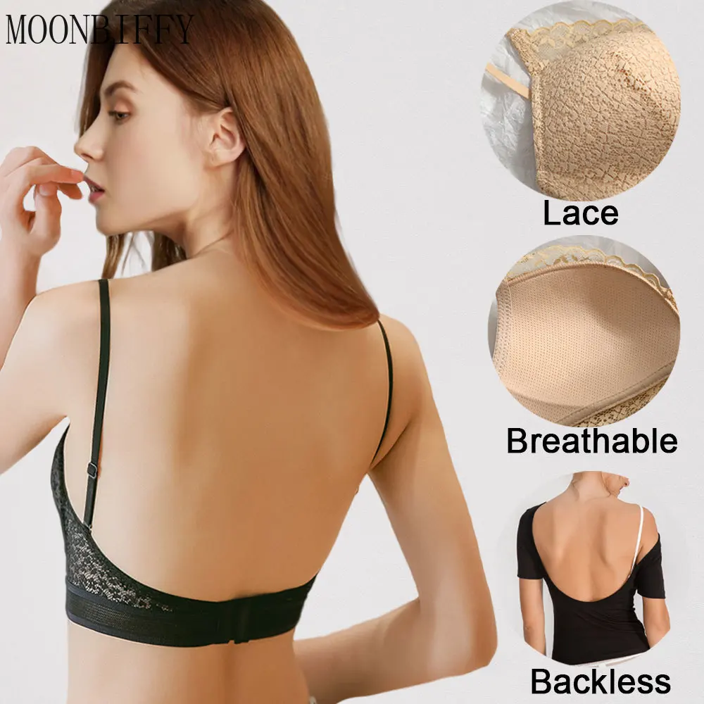 

Lace Sexy Backless Bra Printed Thin Underwear Low Back Mesh Brassiere Push Up Bralette Hollow Crop Top Deep U Invisible Bras