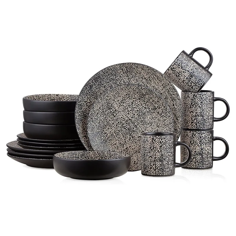 

Sophie Rustic Stoneware Dinnerware Set for 4, Brown and Black Textured