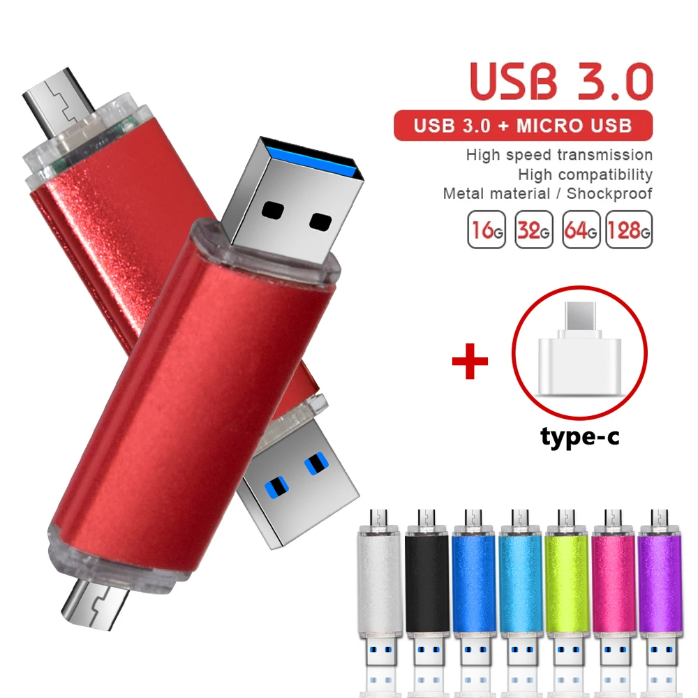 

OTG Smart Phone USB 3.0 Flash Drive 512GB Metal Pen Drives 128GB Wholesale Custom LOGO Memory Stick 64GB Real Capacity