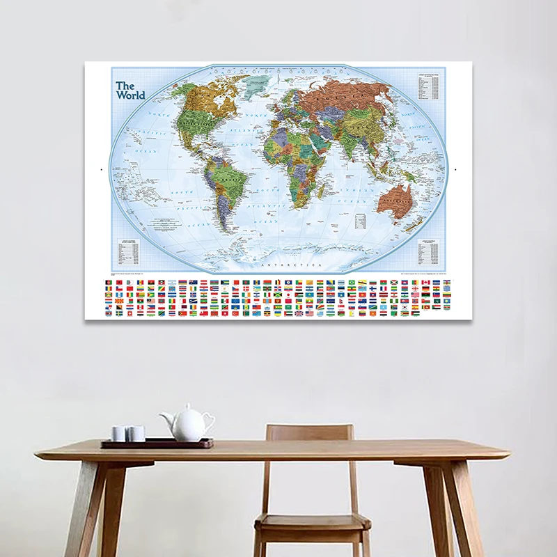 

150X100cm The World Physical Map Non-woven Waterproof World Map With National Flags For Culture And Education