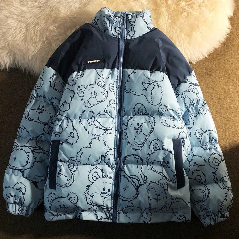 Women Warm Thicken Outerwear Loose Parkas Coats Fashion Cartoon Printed Cotton Windbreaker Jacket Zip Coat Jackets 2021 Winter