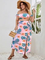earo pink 2 two piece sets women plus size 4xl floral print sexy suits slash neck cropped top midi skirt oversized summer suit