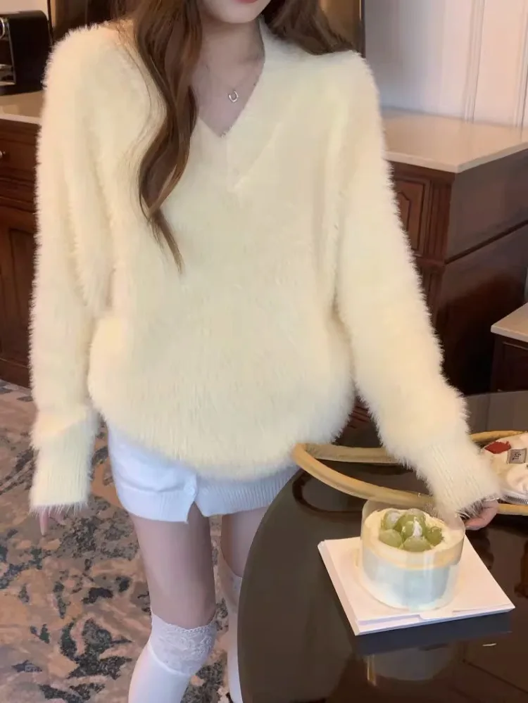 ga sweter damski jesienno-zimowy modny dekolt w serek jednolity luźny Vintage ciepły szykowny stylu francuskim dzianina