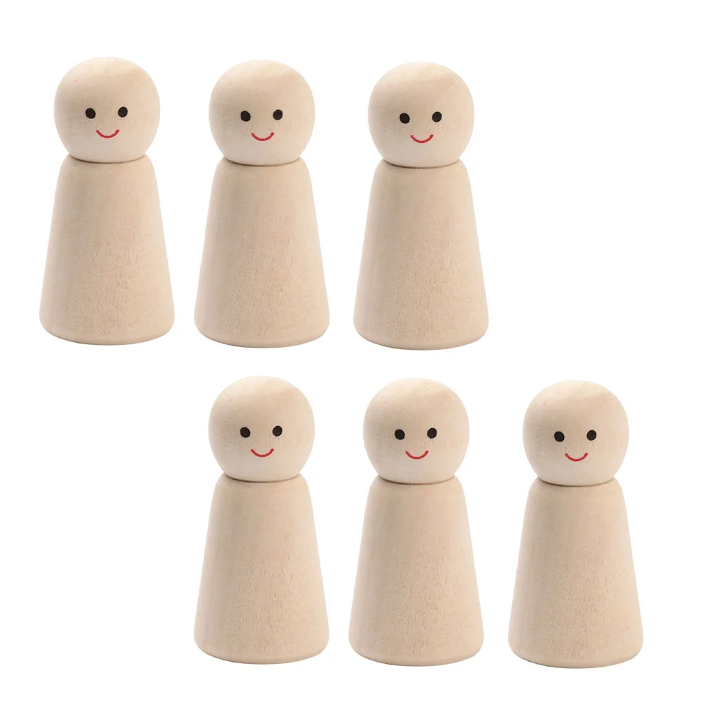 

6 Pcs Puppet DIY Mini Ornament Unpainted Wood Crafts Smiling Wooden Peg Toy Kids Graffiti Model
