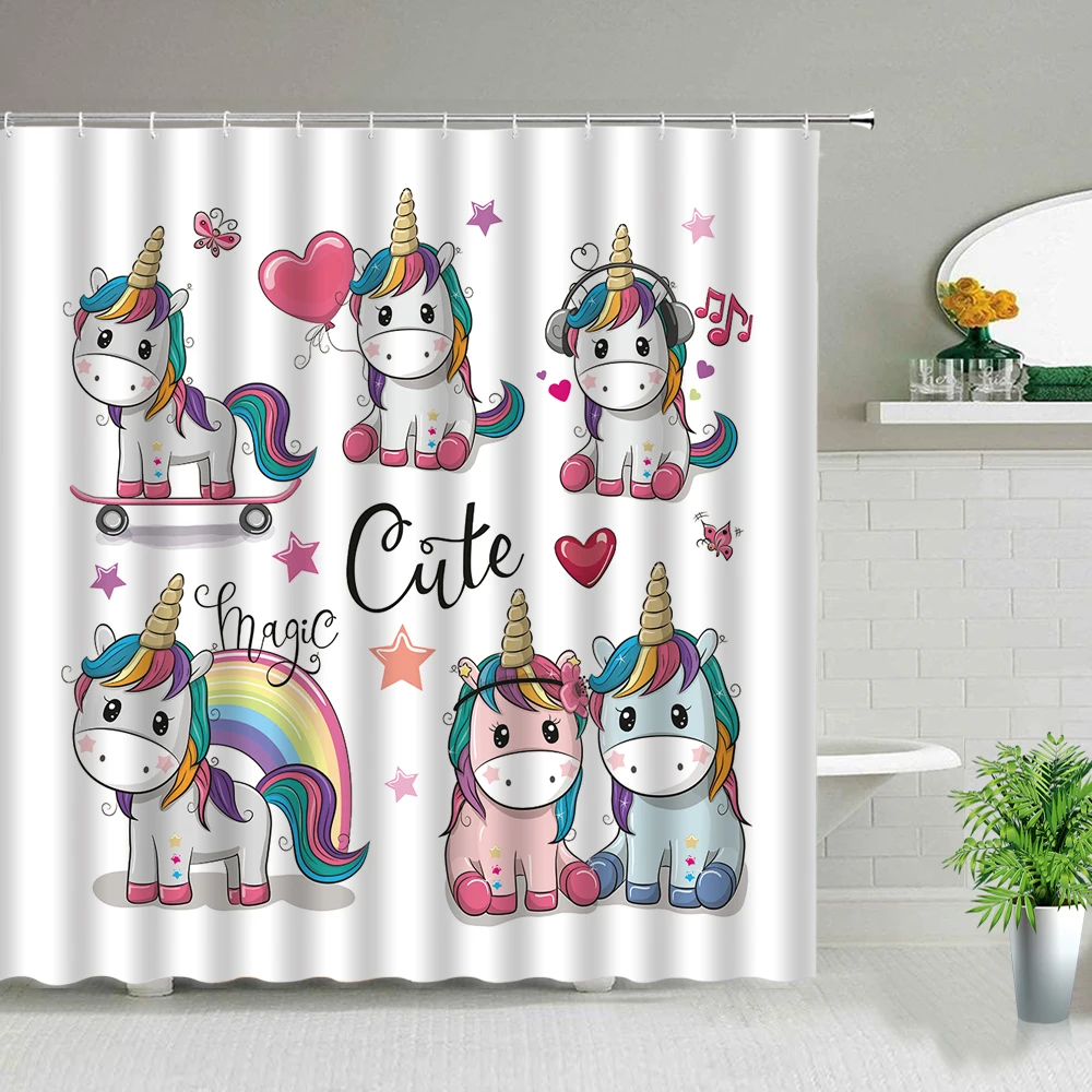 

Creative Cartoon Unicorn Pink Girl Cute Shower Curtain Windproof Bathroom Layout Home Decoration with 12 Hooks Bath Curtain