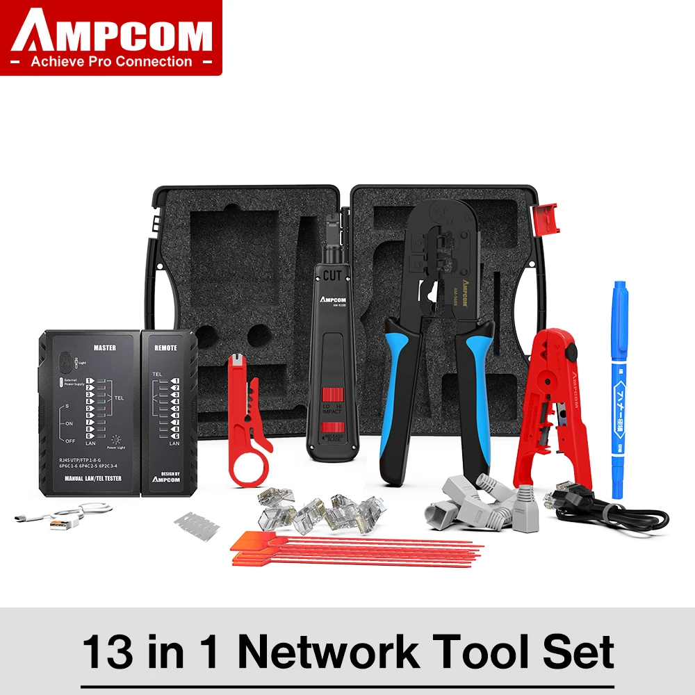 AMPCOM-Kit de herramientas de red profesional 14 en 1, probador de cable...