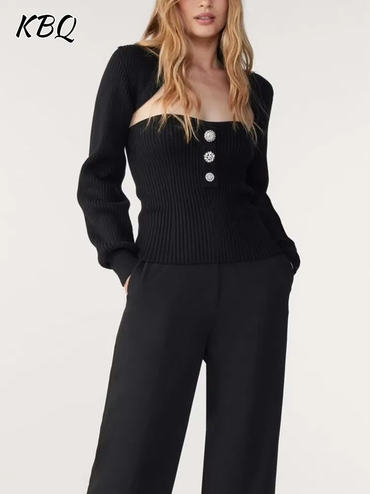 

KBQ Solid Knitted Two Piece Sets For Women Strapless Sleeveless Spliced Diamonds Slim Vest Long Sleeve Shawl Elegant Set Female