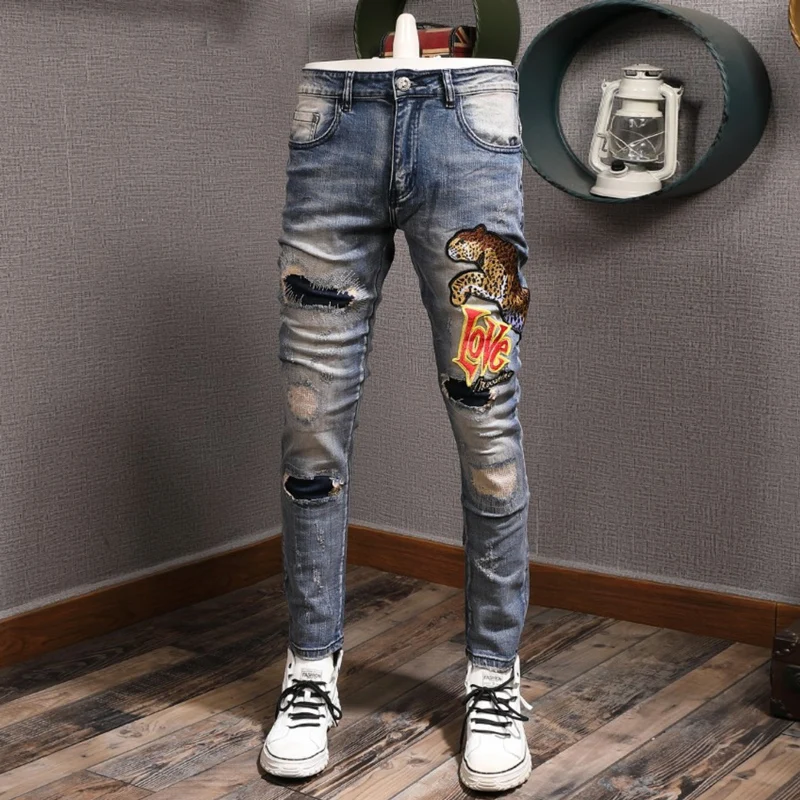 Streetwear Fashion Men Jeans Retro Blue Stretch Slim Fit Vintage Ripped Jeans Men Leopard Patch Designer Hip Hop Pants Hombre