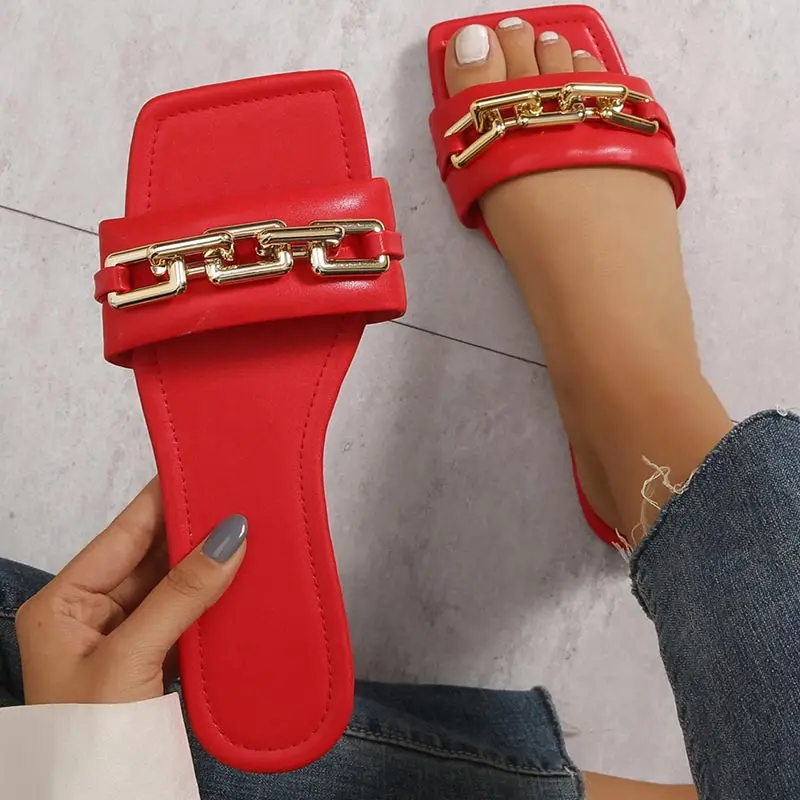 PU Leather Women's Square Flat Shoes Summer Fashion Chain Flip Flops Female Open Toe Luxury Slippers Girls Casual Slides Sandals