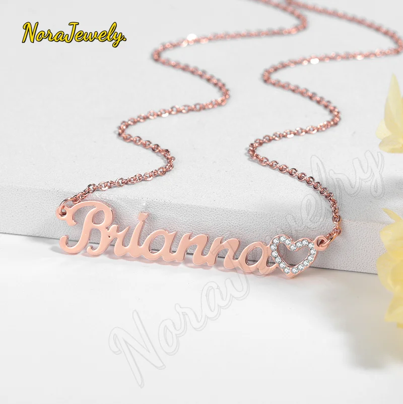 NORAJewelry Personalized Custom Name Necklace Iced Out Hollow Heart Name Stainless Steel Charm Nameplate Necklace Jewelry Women