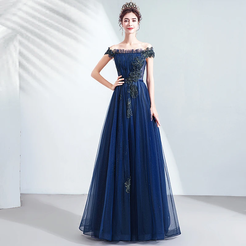 

Elegant Evening Dress Off The Shoulder Pleat Floor-Length Boat Neck Appliques Lace Up A-Line Plus Size Women Formal Gowns TS058