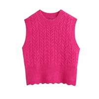 2021 autumn fashion za women weave pattern cropped cable knit vest sweater vintage o neck sleeveless female waistcoat chic tops