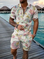 floral polo men harajuku shirt set 3d mens tracksuit fashion printed zipper sets casual clothing summer poloshirt 2 pces suits
