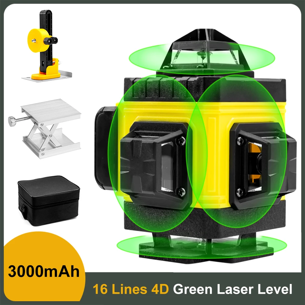 Tool 16 Lines 4D Green Laser Level Self-Leveling 360° Horizontal and Vertical Cross Lines Remote Control Laser Level EU Plug