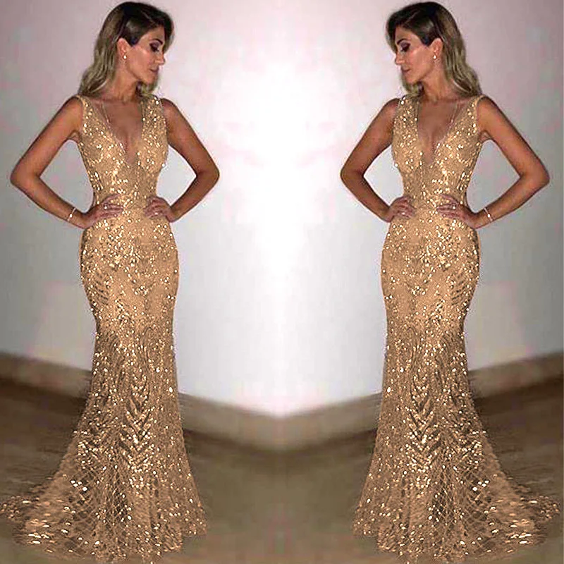 

Gold Sleeveless Lace Splice Bodycon Prom Dress Fashion V-neck Formal Night Party Long Dress Sexy Sequin Slim Floor Dress