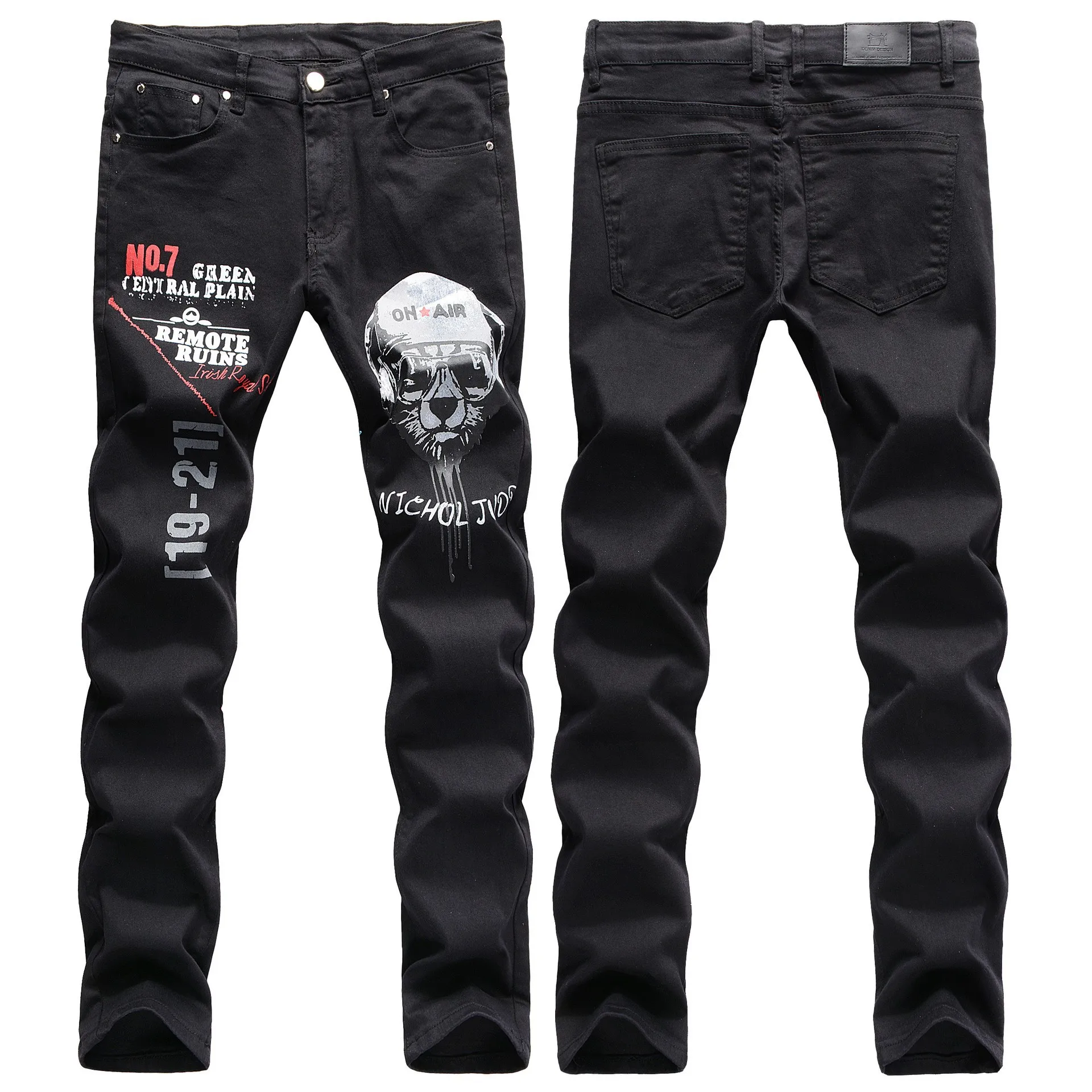 Mens Jeans Fashion Streetwear Hip Hop Style Youth Jeans Male 2023 New Slim Skull Printed Cargo Denim Pants Tide Pencil Trousers