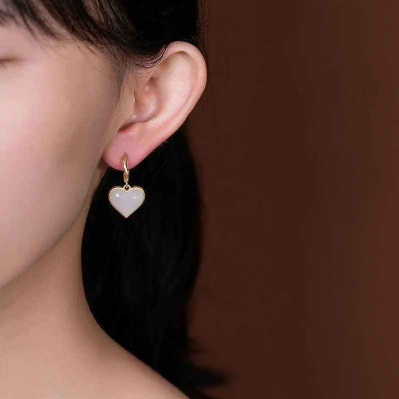 

Trendy 925 Sterling Silver Earrings Women Jewelry Gift Lady Classic Jade Heart Drop Earrings Female Hanging Ear Accessories