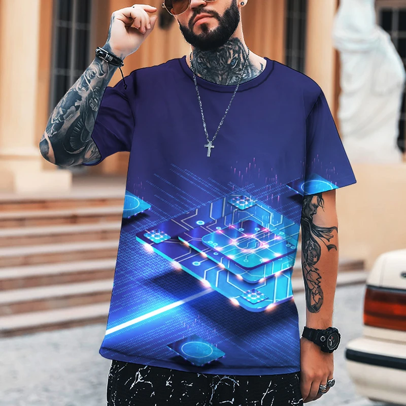 

Мужская футболка с электронным чипом и 3D-принтом, из лайкры и полиэстера