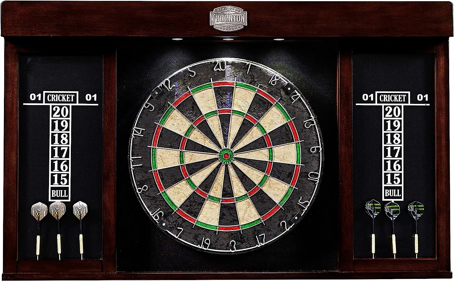 

Quality Bristle Dartboard, Cabinet, Scoreboard, LED Lights - 18\u201D Sisal, Staple-Free Bullseye - Stylish, Complete Dartboards