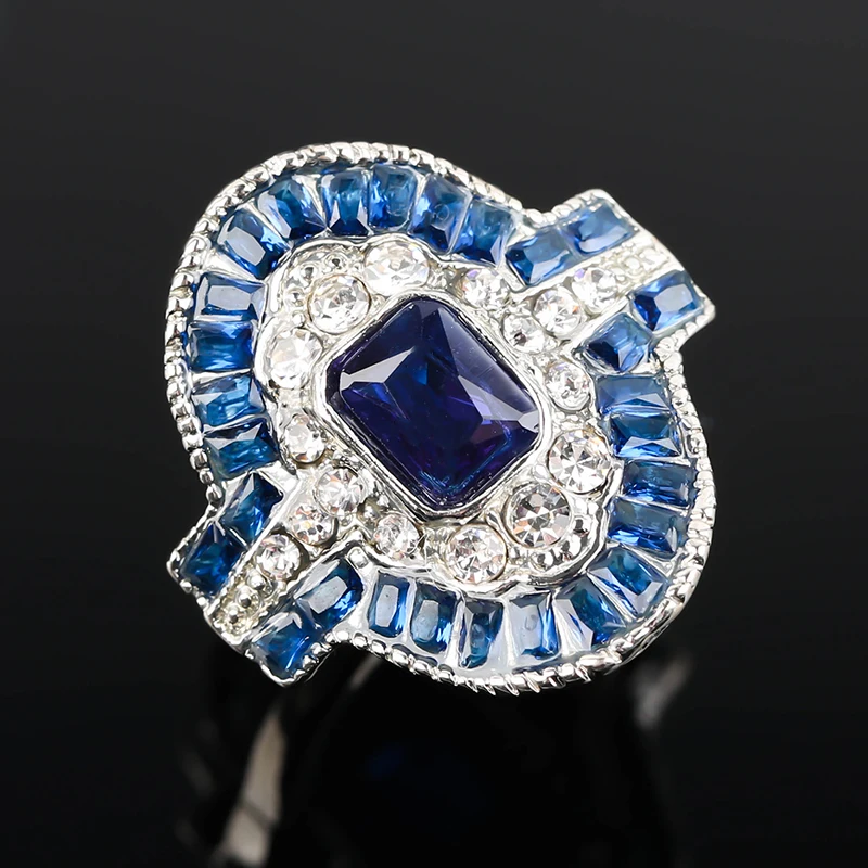

Vintage Blue Stone Ring Silver Color Geometric Crystal Finger Rings for Women Jewelry Classic Engagement Gift Anillos Mujer