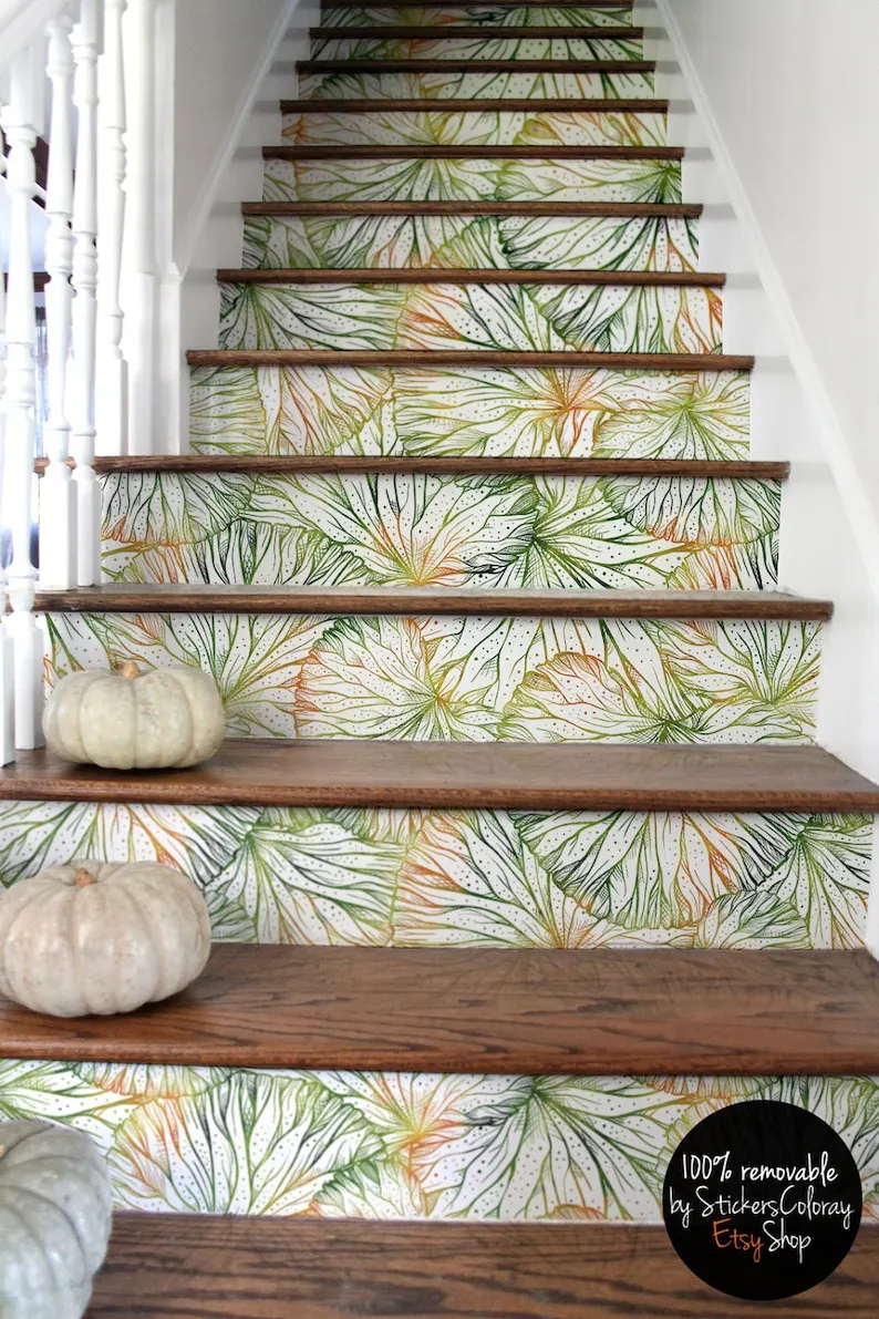 

10 step stair riser decal, sketched green and orange leaves stair sticker, removable stair riser decor strip, peel & stick stair