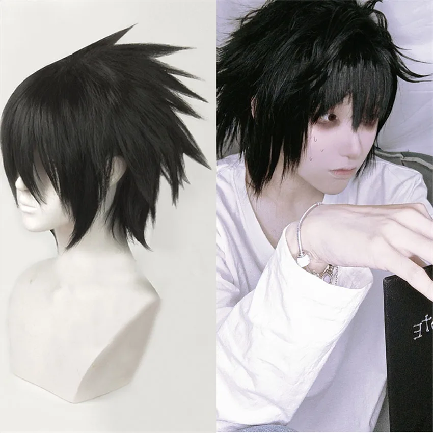 Anime Death Note L Cos Wig L.Lawliet Heat Resistant Black Fluffy Layered Hair Pelucas Cosplay Costume Hair Wig + Wig Cap