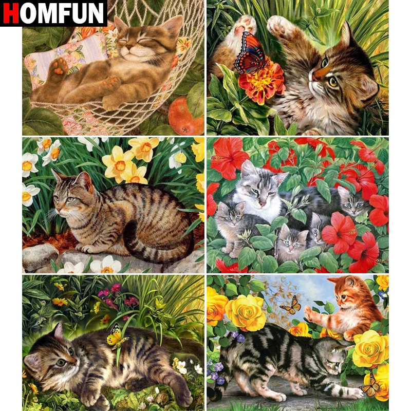 

Алмазная 5D картина HOMFUN «сделай сам», полноразмерная вышивка крестиком, «цветы кошки», подарок для домашнего декора